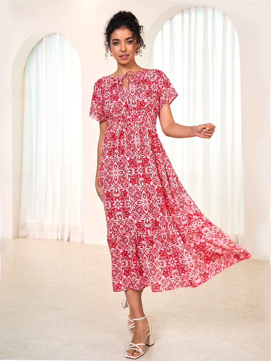 Women's Chiffon Floral Leaf Tie Neck Maxi Dress Short Sleeve