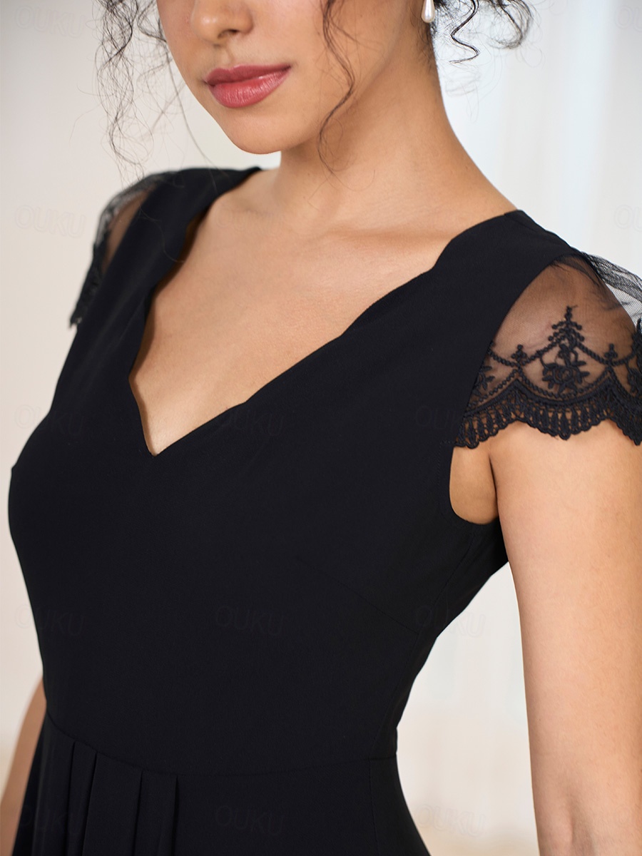 knee length dresses for ladies Karen Kane Black V-Neck Scallop Hem Lace Dress main image 1