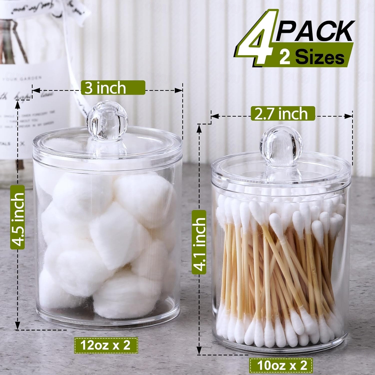 Pots D'apothicaire En Plastique Transparent - Lot De 2 - Couvercle - Pour Cotons, Maquillage, Rangement - Vert Sauge