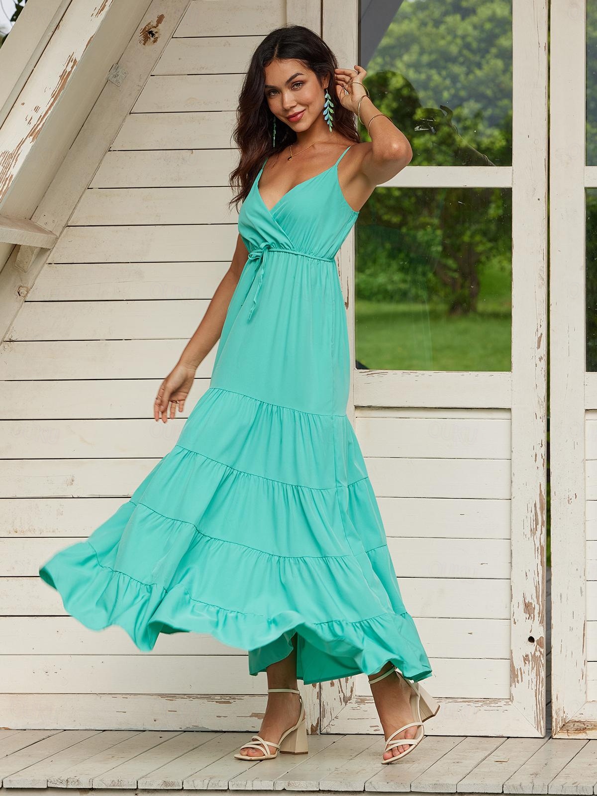 Women's Casual Dress Maxi Dress Ruffle Layered Casual V Neck Sleeveless  Green Color 2026 - AU $65.29