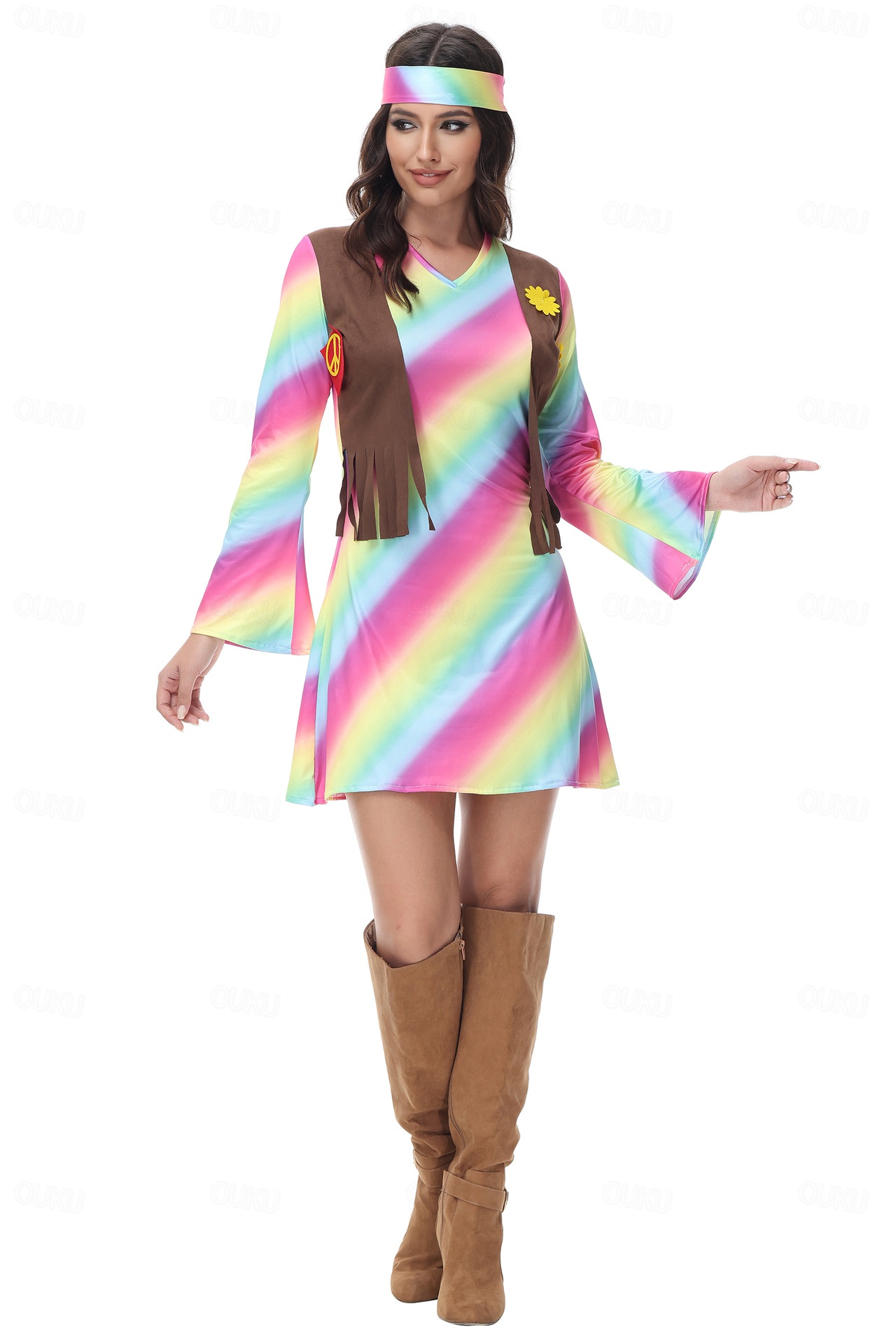 70er Jahre Hippie Kleid Kostüm Für Damen – Mit Stirnband, Retro-Party & Halloween Outfit