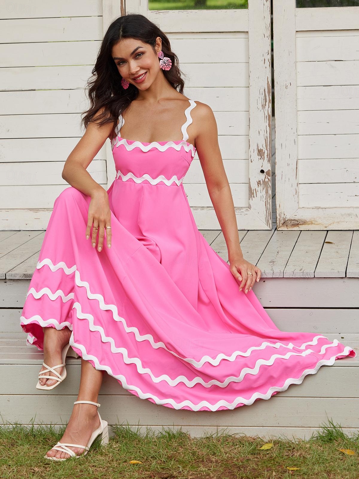 Women's A Line Dress Maxi Dress Lace Trim Elegant Spaghetti Strap  Sleeveless Pink Color 2026 - kr. 319
