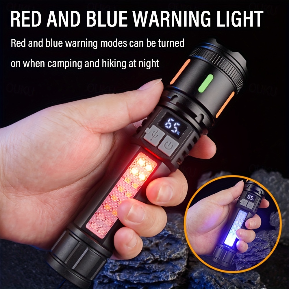 USB Rechargeable LED Flashlight Telescopic Zoomable with Red and Blue Side Lights with Battery Indicator Waterproof for Camping Hiking Fishing Mountaineering and Emergency Use Shustar 2025 - £ 12 -P6