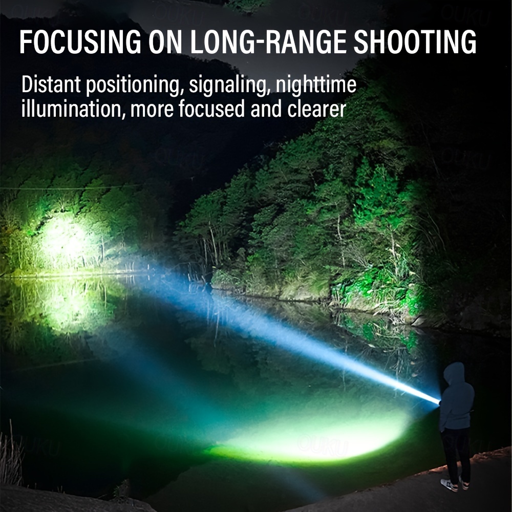 USB Rechargeable LED Flashlight Telescopic Zoomable with Red and Blue Side Lights with Battery Indicator Waterproof for Camping Hiking Fishing Mountaineering and Emergency Use Shustar 2025 - £ 12 -P3