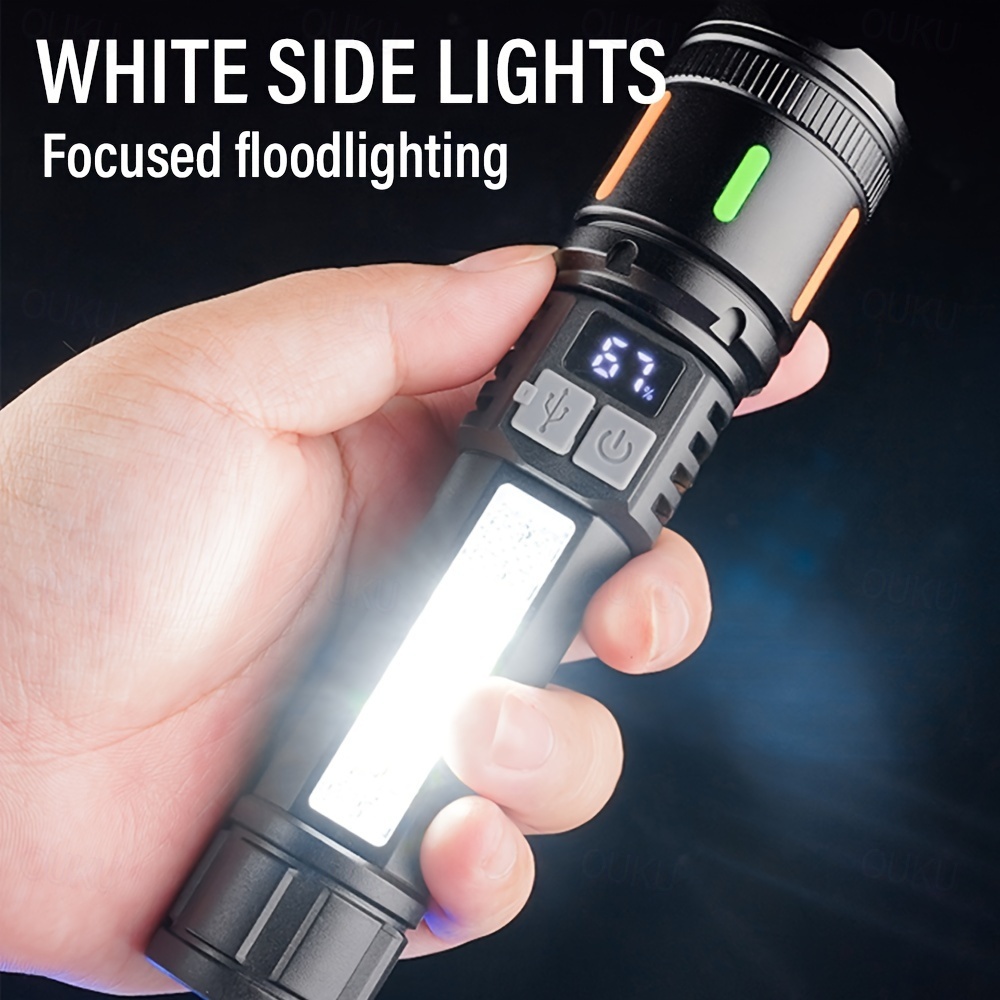 USB Rechargeable LED Flashlight Telescopic Zoomable with Red and Blue Side Lights with Battery Indicator Waterproof for Camping Hiking Fishing Mountaineering and Emergency Use Shustar 2025 - £ 12 -P7