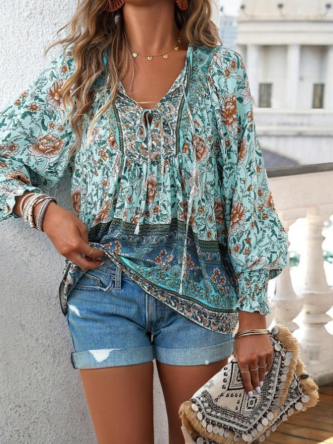 Damenbluse stylisch Boho Blumenmuster Bindeband vorne Laternenärmel Langarm Bindehals Alltag Pink Marineblau Orange Grün Sommer 2025 - CHF 47 –P5