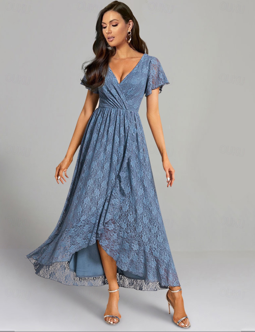 A-Line Wedding Guest Dresses Elegant Dress Wedding Guest Ankle Length Short  Sleeve V Neck Lace with Ruched 2024 2026 - AU $101.59