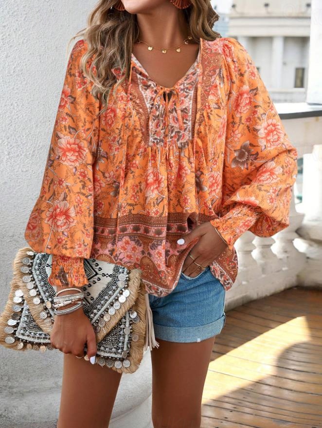 Damenbluse stylisch Boho Blumenmuster Bindeband vorne Laternenärmel Langarm Bindehals Alltag Pink Marineblau Orange Grün Sommer 2025 - CHF 47 –P8