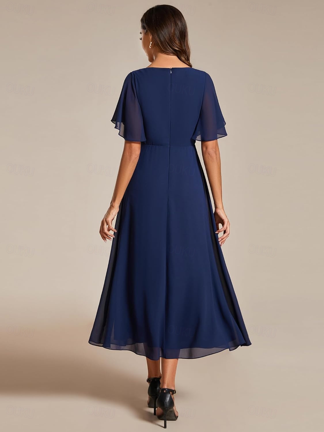 A-Line Wedding Guest Dresses Elegant Dress Cocktail Party Tea Length Short  Sleeve V Neck Chiffon with Ruched dress to impress 2024 2026 -  191