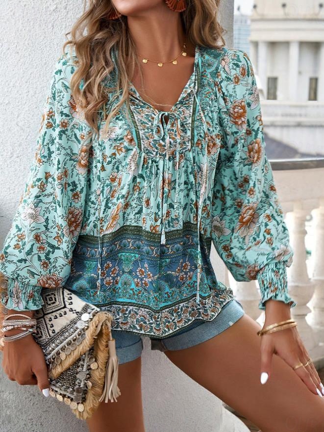 Damenbluse stylisch Boho Blumenmuster Bindeband vorne Laternenärmel Langarm Bindehals Alltag Pink Marineblau Orange Grün Sommer 2025 - CHF 47 –P4