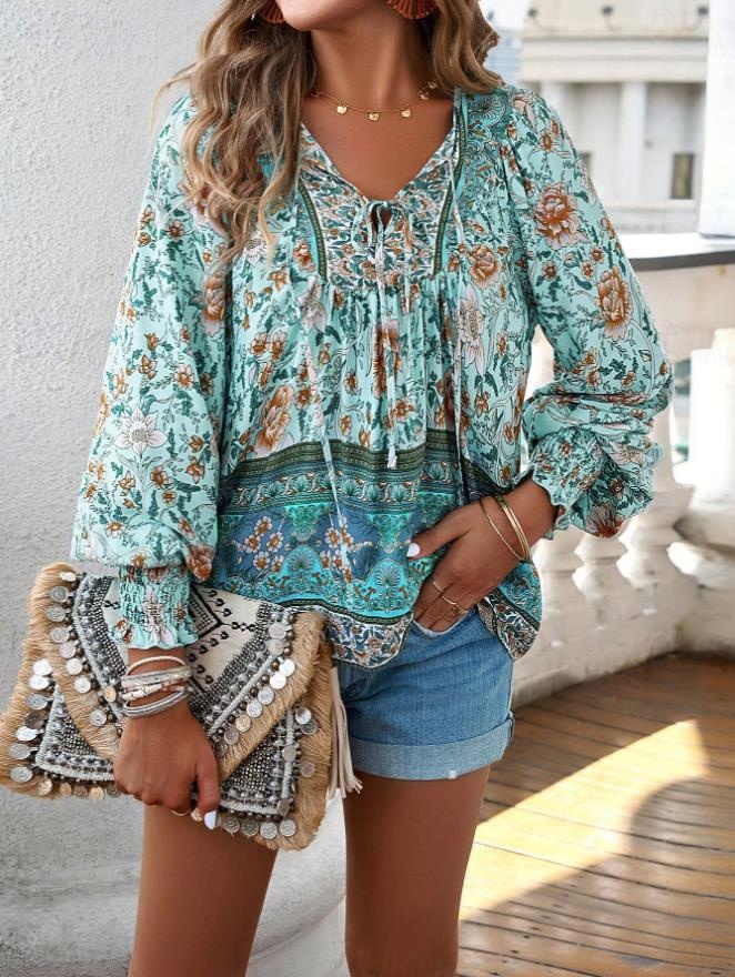 Damenbluse stylisch Boho Blumenmuster Bindeband vorne Laternenärmel Langarm Bindehals Alltag Pink Marineblau Orange Grün Sommer 2025 - CHF 47 –P3
