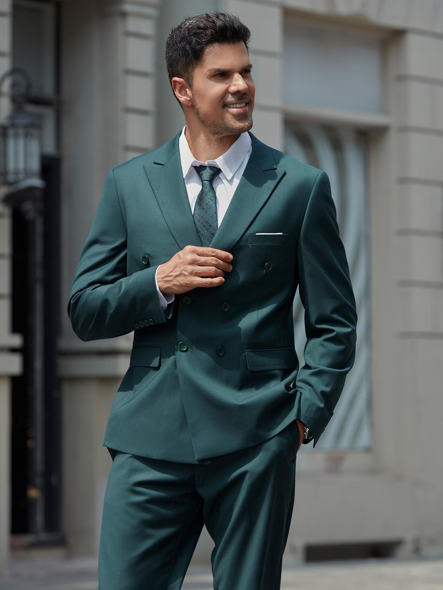 2026年 ダークグリーン 男性用 結婚式 スーツ ソリッド 2点セット