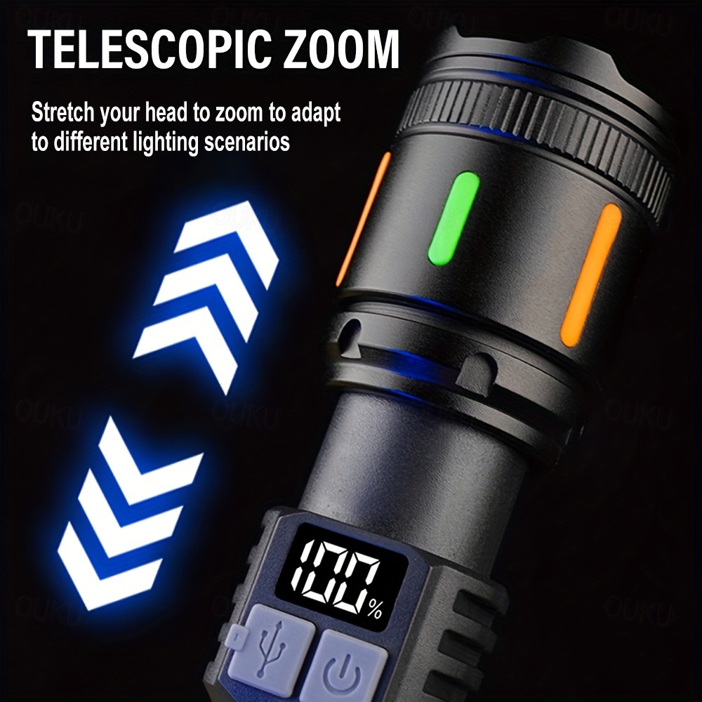 USB Rechargeable LED Flashlight Telescopic Zoomable with Red and Blue Side Lights with Battery Indicator Waterproof for Camping Hiking Fishing Mountaineering and Emergency Use Shustar 2025 - £ 12 -P2