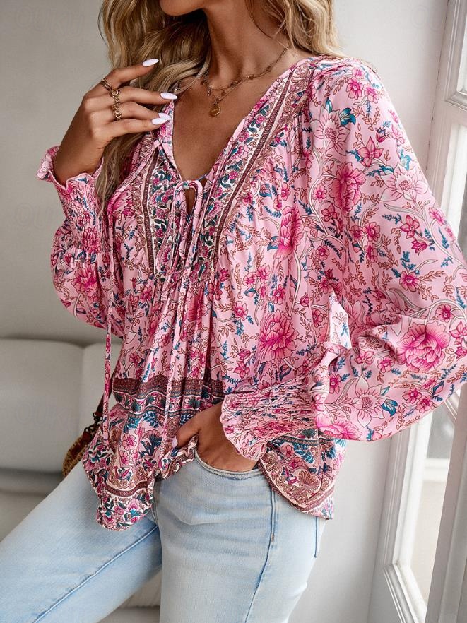 Damenbluse stylisch Boho Blumenmuster Bindeband vorne Laternenärmel Langarm Bindehals Alltag Pink Marineblau Orange Grün Sommer 2025 - CHF 47 –P9