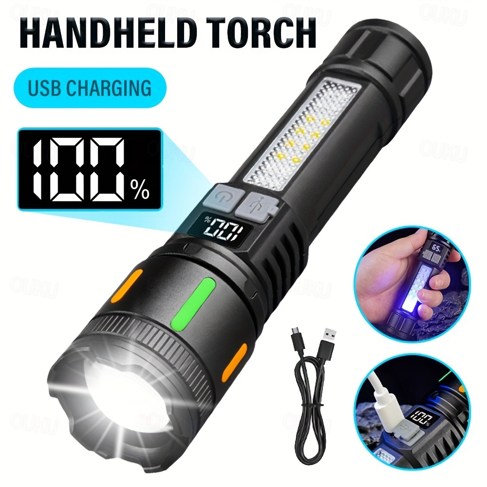 USB Rechargeable LED Flashlight Telescopic Zoomable with Red and Blue Side Lights with Battery Indicator Waterproof for Camping Hiking Fishing Mountaineering and Emergency Use Shustar 2025 - £ 12 -P1