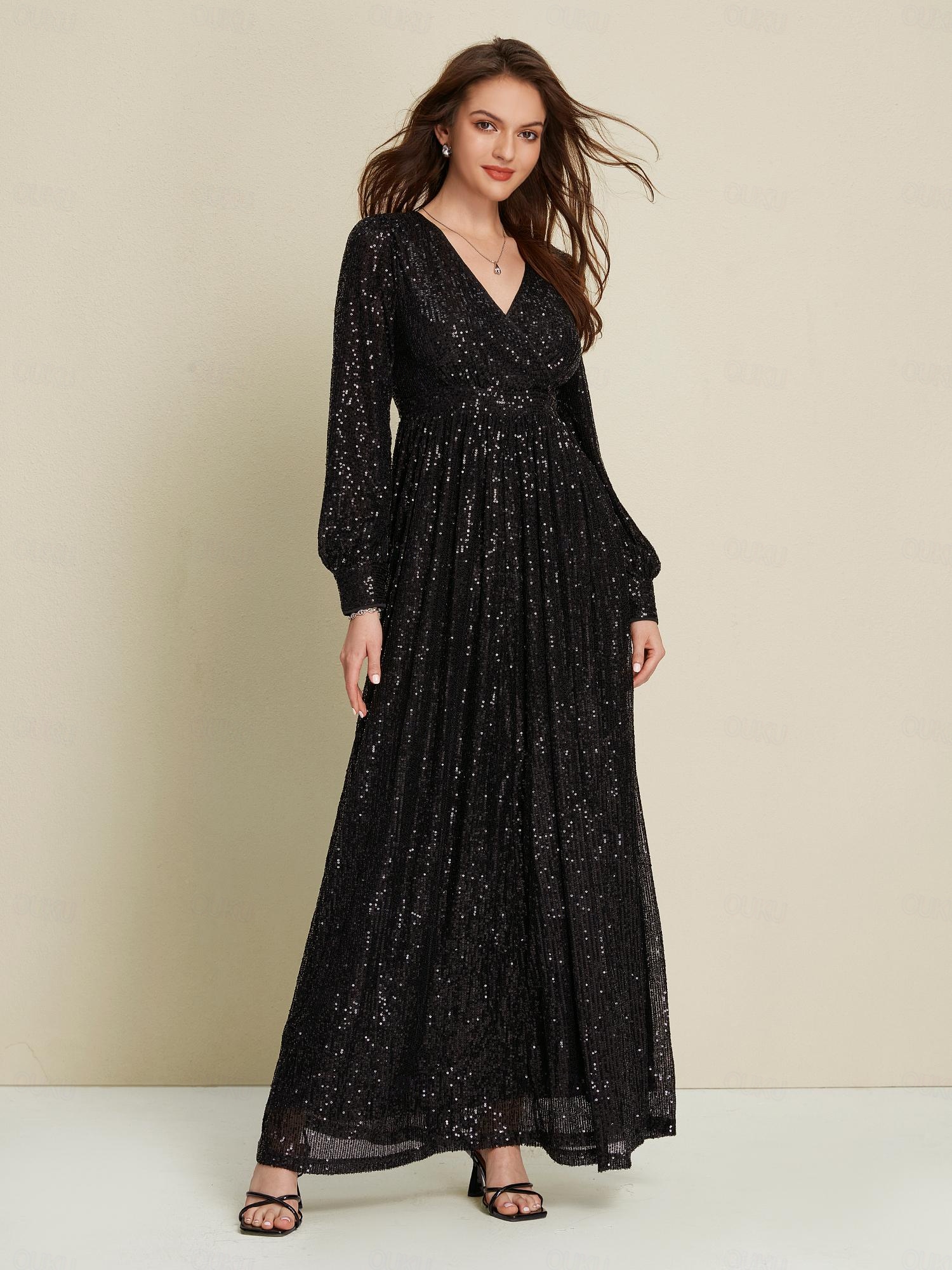long sleeve black sequin maxi dress Sequin High-Slit Maxi Dress