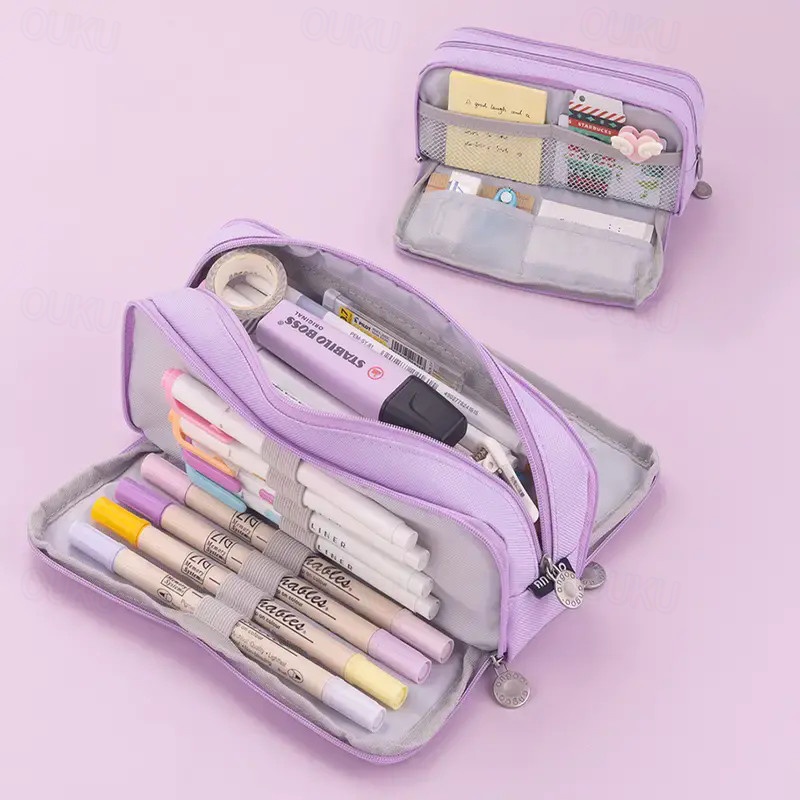 SEIWEI Astuccio di grande capacità per ragazze, morbido astuccio per matite, organizer per riporre articoli per le scuole medie, trucchi, studenti universitari, ufficio, Beige, 17 cm x 9 cm x 10 cm