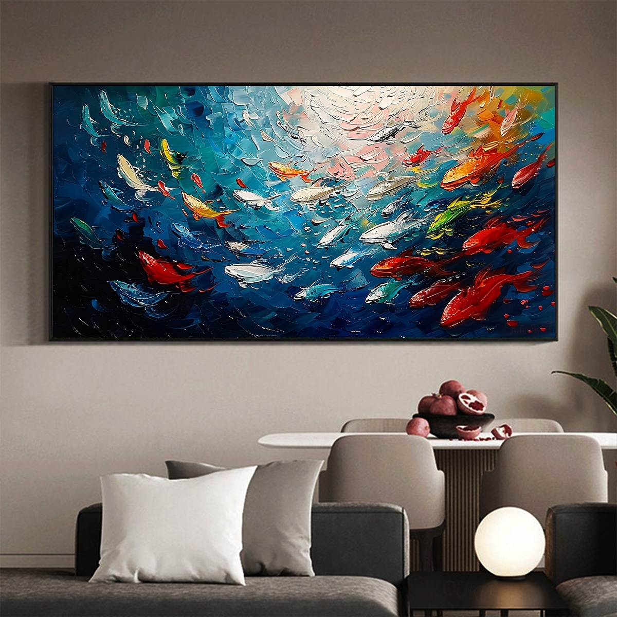 2026年 手作りのオリジナルカラフルな魚の群れの油絵キャンバスに描か