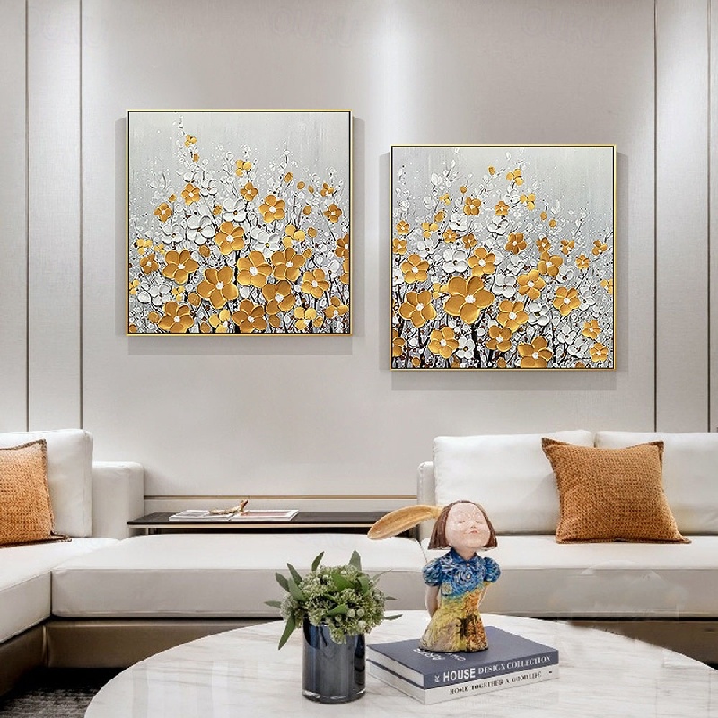 Fokenzary Peint à la main abstrait moderne fleurs épaisses effet 3D couteau peinture sur toile encadrée prête à accrocher (50x100 cm