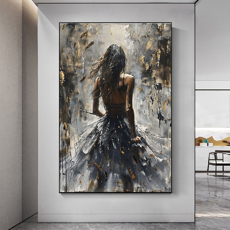 2026年 天使の少女の油絵 手作りの大きな壁アート 抽象的な黒い人物の