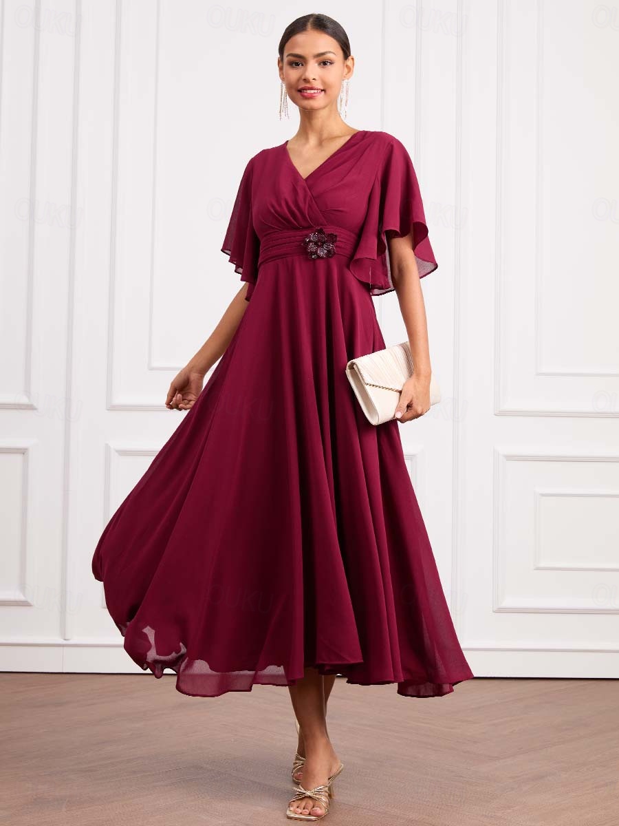 Women's Wedding Guest Cocktail Dress Wrap Dress Chiffon Ruffle V Neck Short Sleeve Maxi Dress Party Elegant Formal Wine Summer 2026