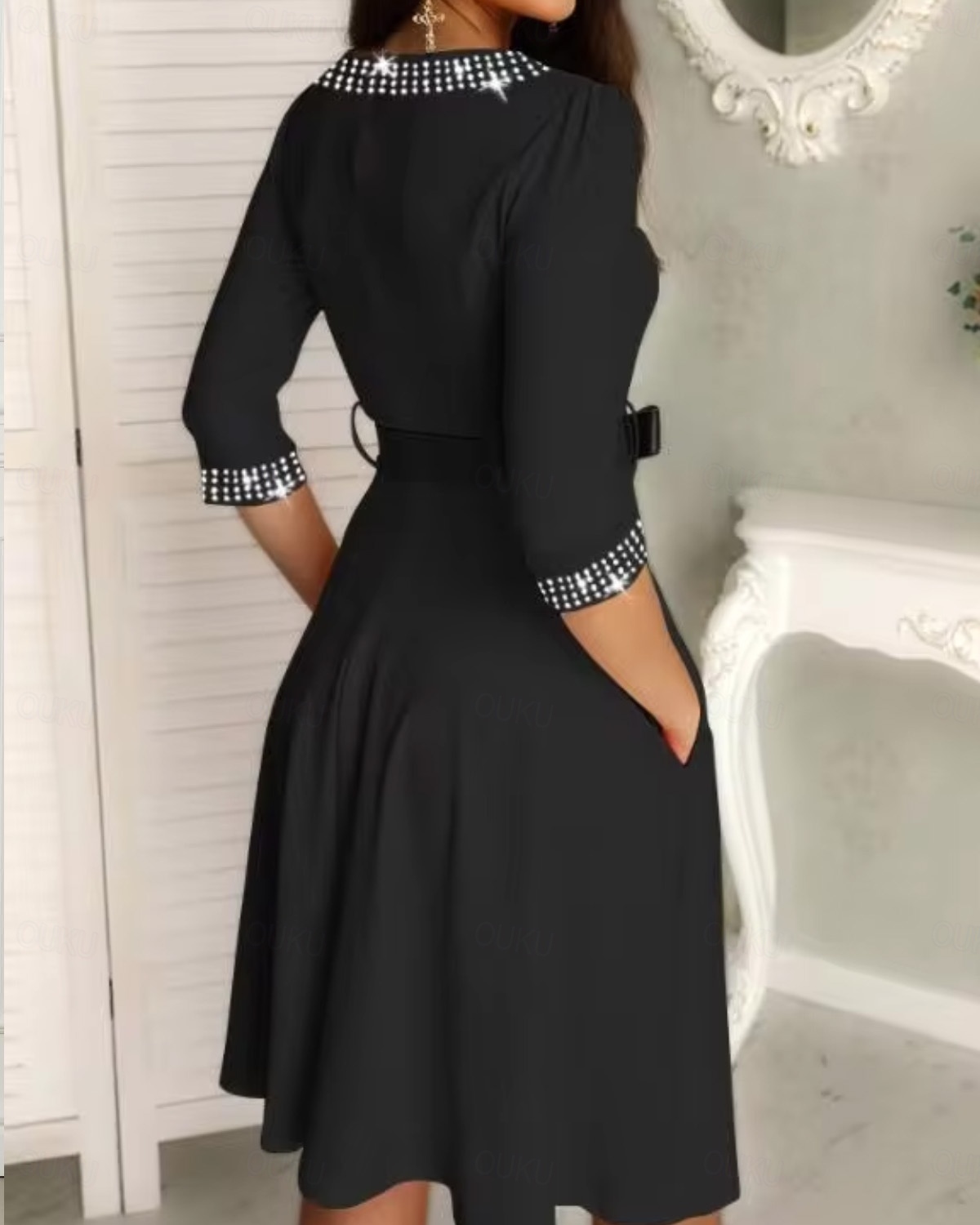 Women's Midi Dress Black Dress Sequin Dress Cocktail Dress Formal Dresses  Fashion Modern Office Loose Fit Plain 3/4 Length Sleeve V Neck Black Summer  Spring Fall 2026 -  30