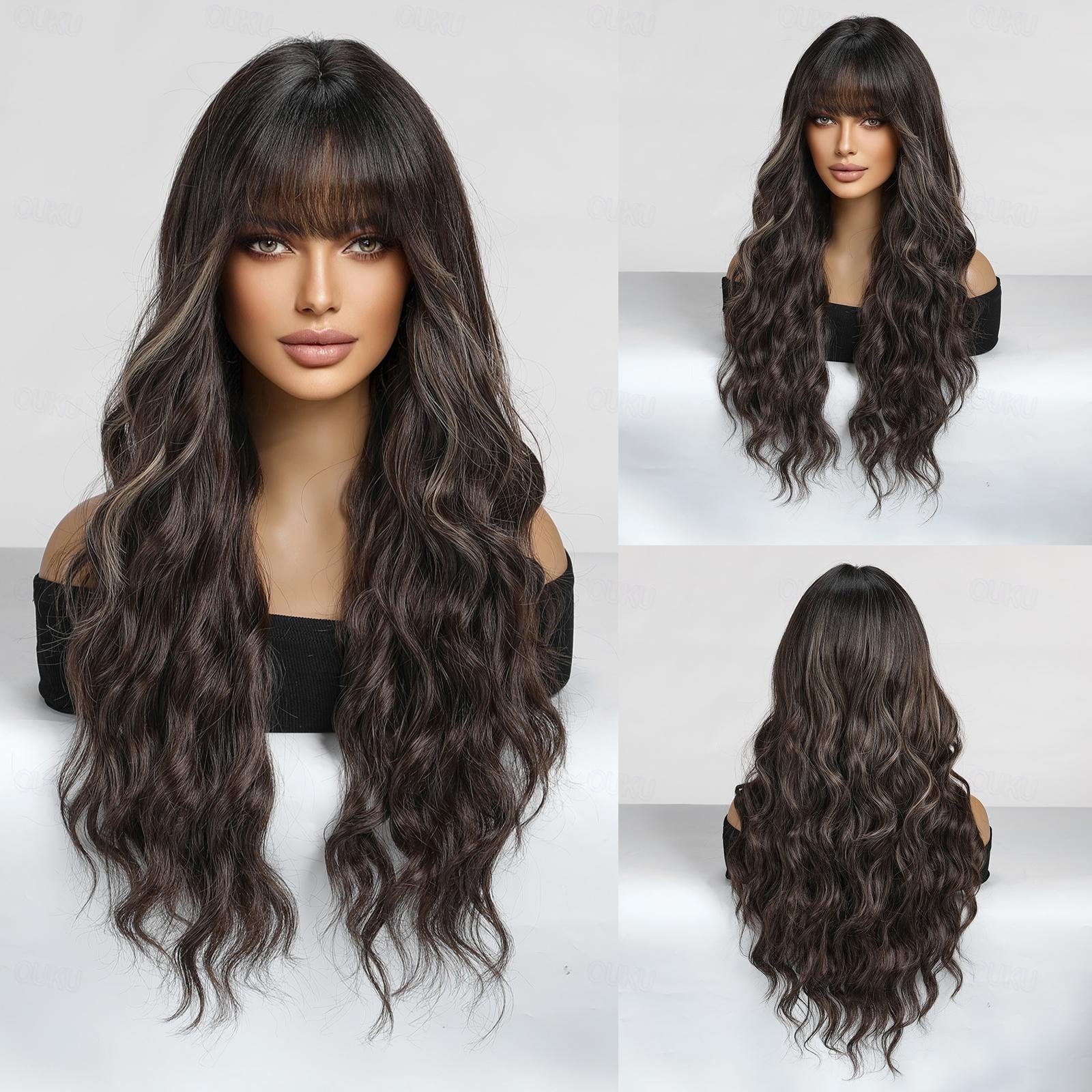 Women\'s Dark Brown2 Heat Resistant Long Curly Wavy Synthetic Wig Bang Size 26In FAELBATY Long Brown Curly Wave Wig with Bangs - 26 Synthetic  main image 3
