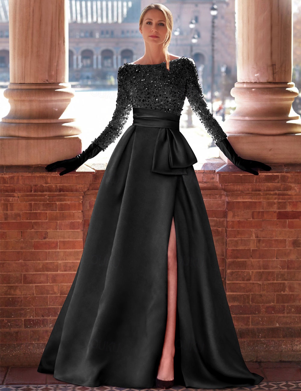 Black Gold A Line Satin Sequin Evening Gown Elegant Dress Formal Floor Length Long Sleeve Jewel Neck with Glitter Slit dress to impress 2024 2024 129