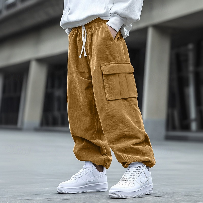 Pantalones Cargo De Pana Para Hombre - Cintura Elástica, Múltiples Bolsillos, Ajuste Slim