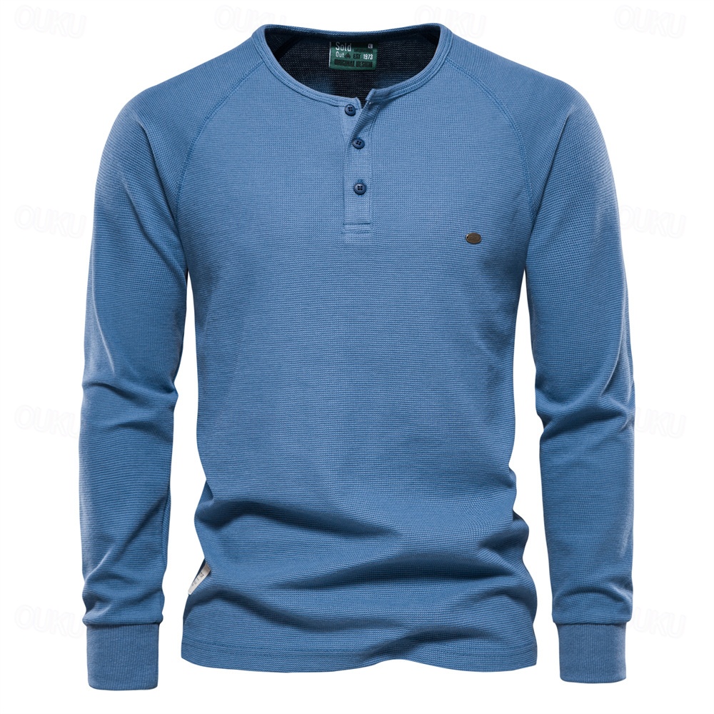 Waffle Henley T-Shirt Men Long Sleeve Basic Breathable Men's