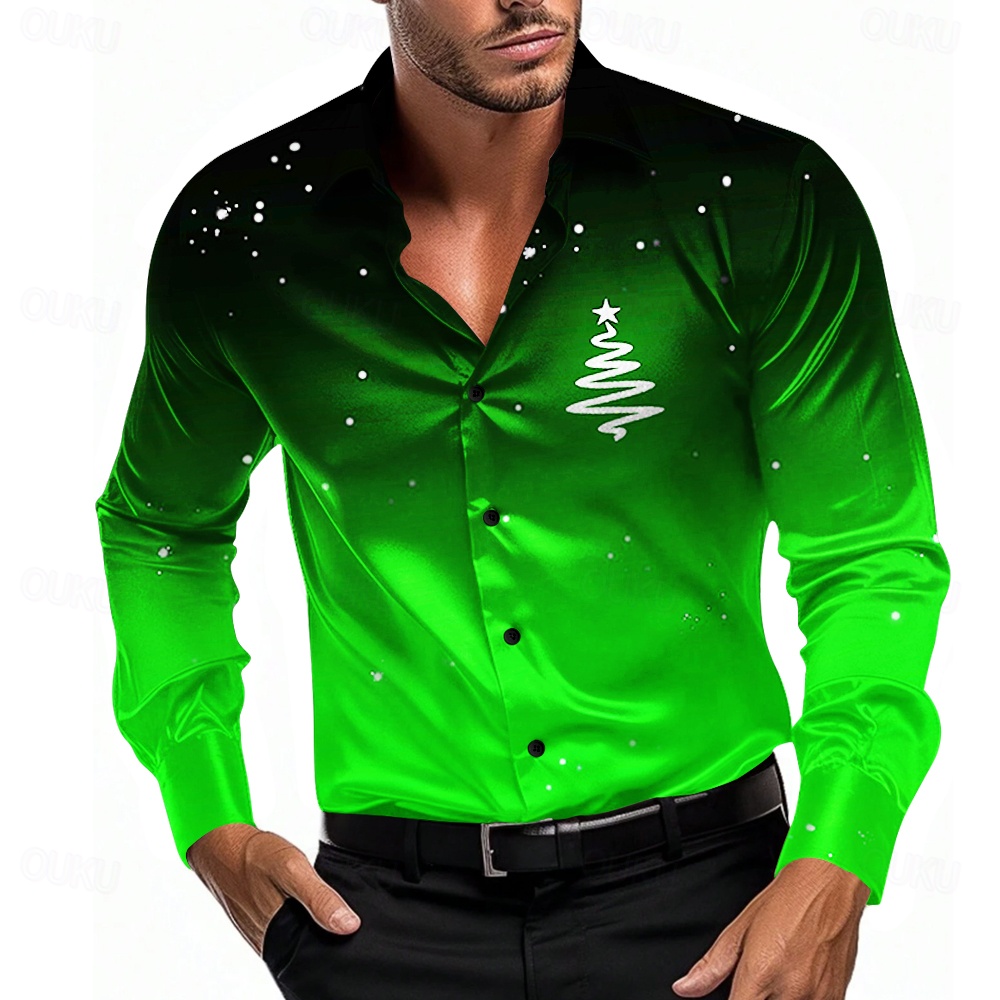 Christmas Men's Star Dress Shirt Button Up Shirt Long Sleeve Casual Fashion  Casual Vacation Party Evening