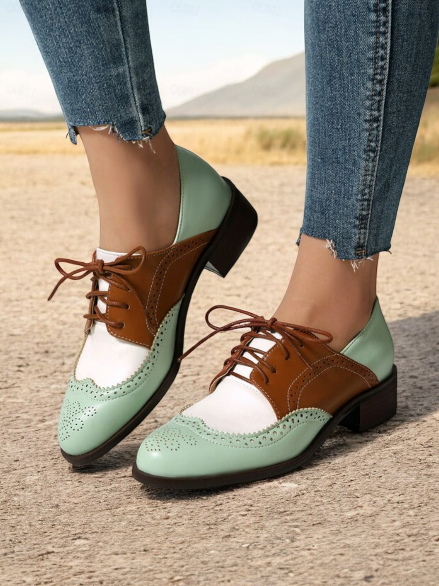 Women's Vintage Oxford Shoes in Mint Green, Brown, and White