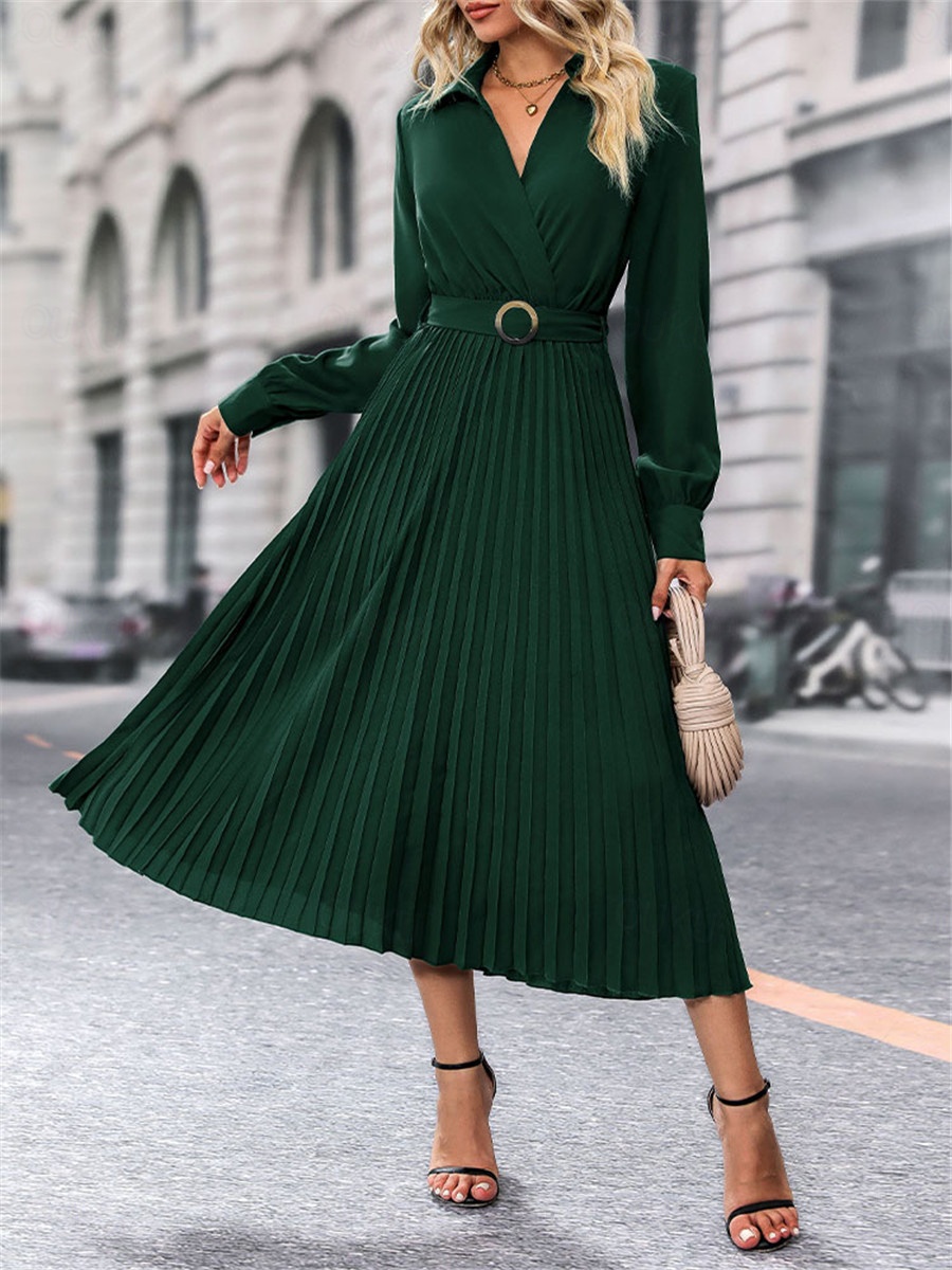 Women's Pleated Midi Dress V-Neck Belted Long Sleeve Elegant Green Regular  Size Business Social Event 2026 - US $46.99