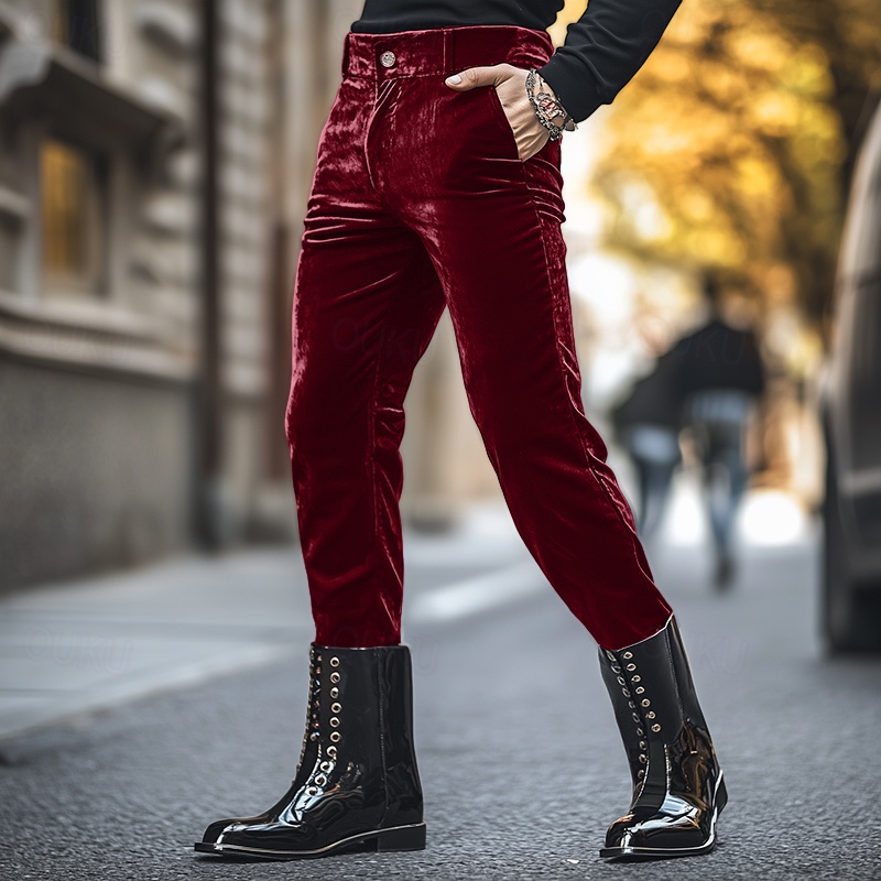 mens red velvet dress pants VELVET - Mens Soft Velvet Trousers Classic Dinner Part Tailored Fit Dress Pants