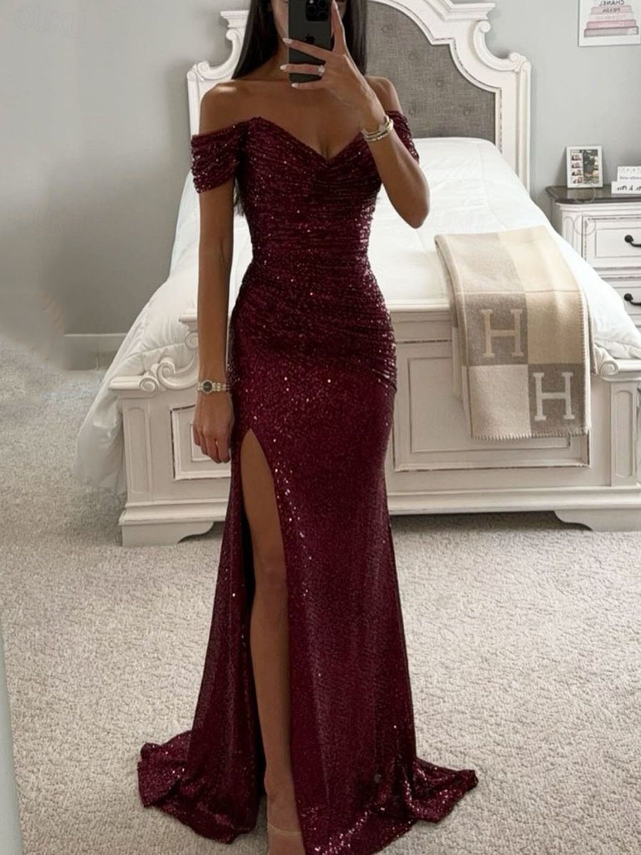Women's Sequin Dress Maxi Dress Sequins Split Sexy Casual Off Shoulder  Short Sleeve Silver Champagne Wine Color 2026 -  49.99