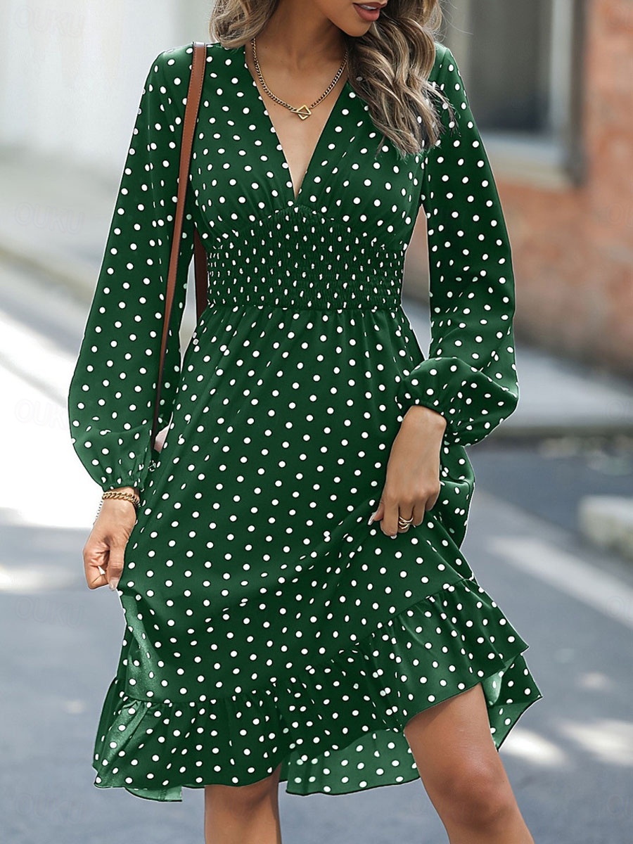 knee length dresses for ladies Tied Polka Dot Long Sleeve Midi Dress main image 0