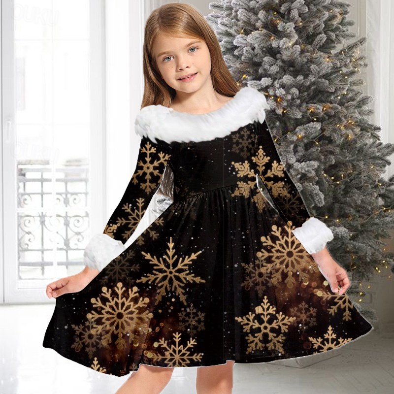 Kids Girls' Christmas Dress Dress Snowflake Dress Snowflake Long Sleeve  Christmas Gifts Casual Fur Trim Crewneck