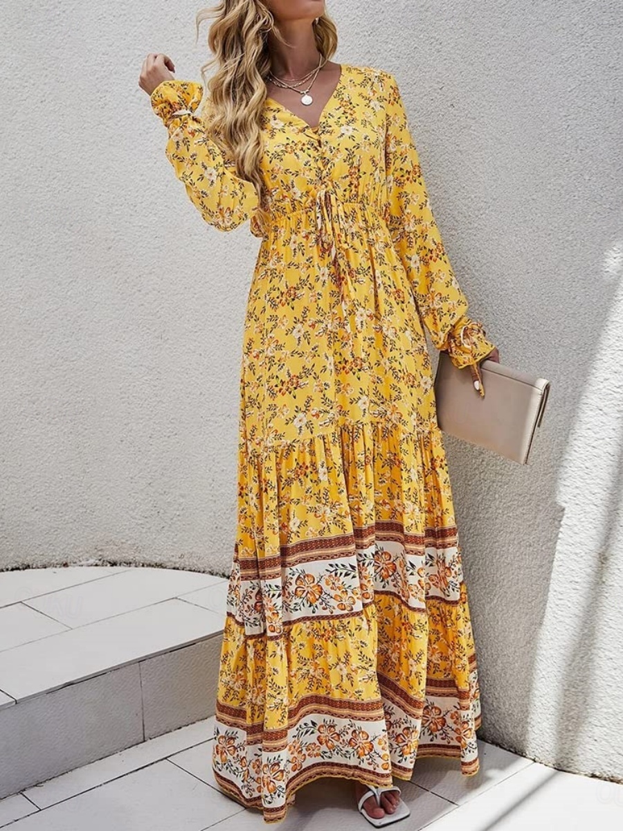 knee length dresses for ladies Amber Glow Yellow Long Sleeve Maxi Dress - US 2