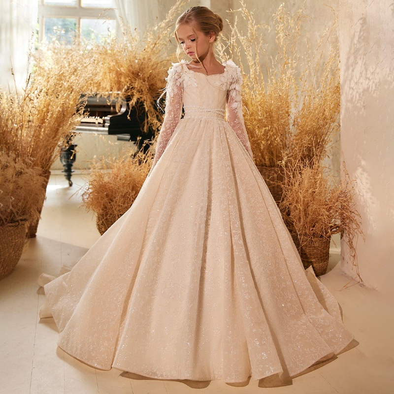 open lace back dress Princess Flower Girl Dresses,First Communion Dress,First Communion Dress with Sleeves,FD00024, Child3 / Champagne