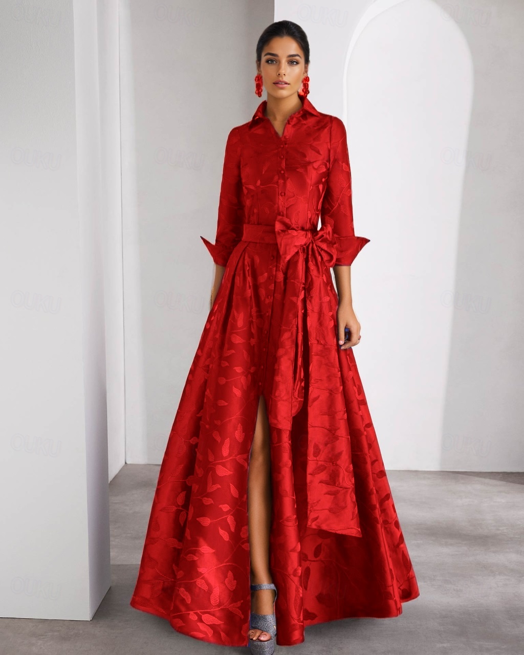 green emerald velvet dress Women Elegant Shirt Dress Long Sleeve Stand Collar White Minimalist A-Line  Pleated Wedding Guest Long Dresses with Blet 2024 main image 0