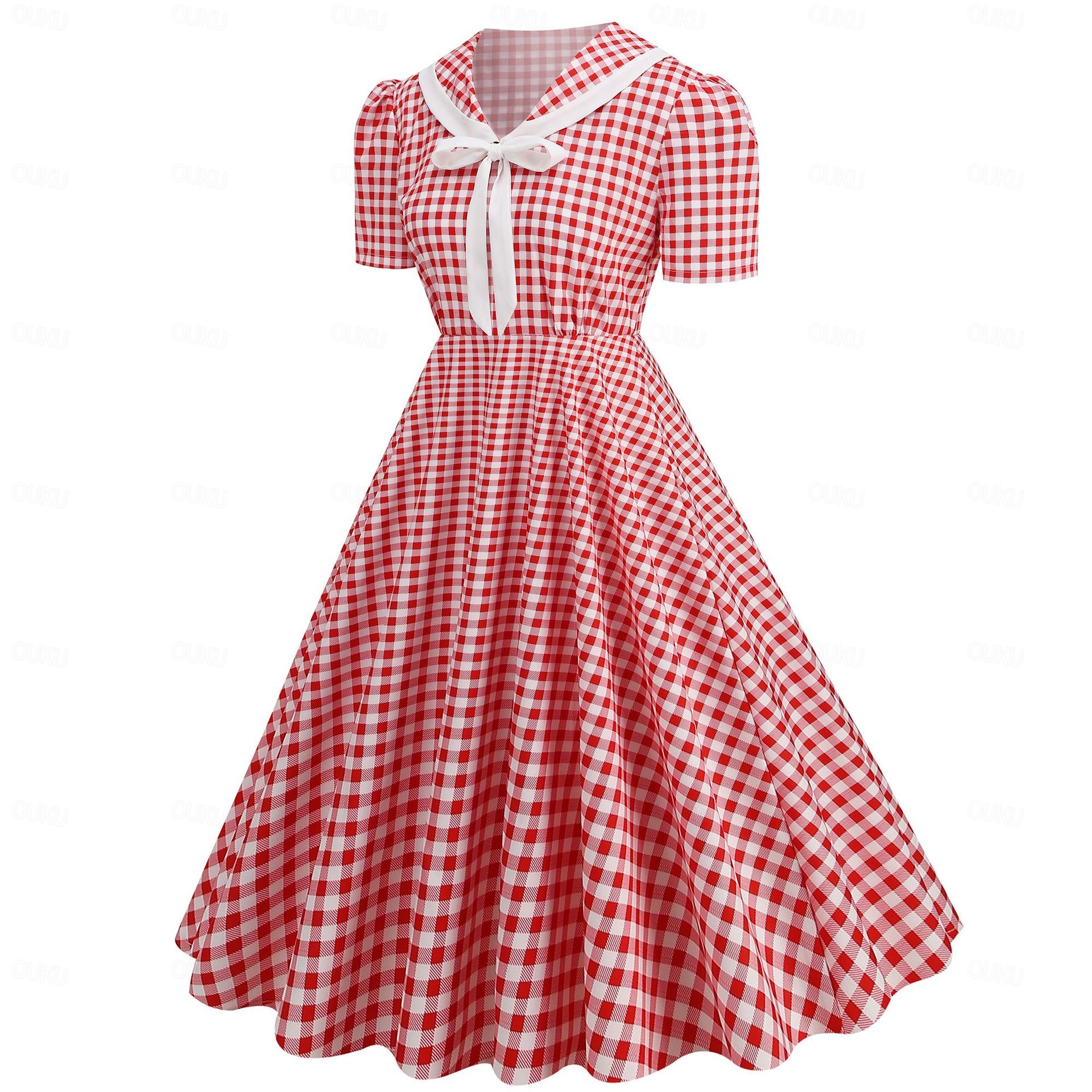 Retro Vintage 1950s Rockabilly Swing Dress Flare Dress Fit and Flare Plaid Polka Dot V Neck Retro Vintage 1950s Rockabilly Swing Dress Flare Dress Fit and Flare Plaid Polka Dot V Neck