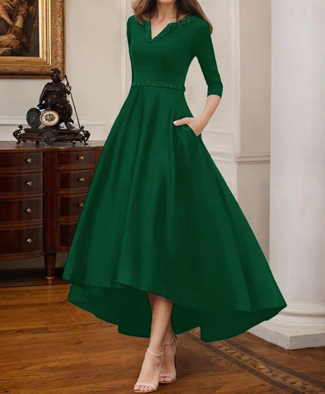 A-Line Cocktail Dresses Elegant Dress Formal Wedding Tea Length High-low  Dress Half Sleeve V Neck Stretch Satin with Beading Pocket 2026 - US $175.99