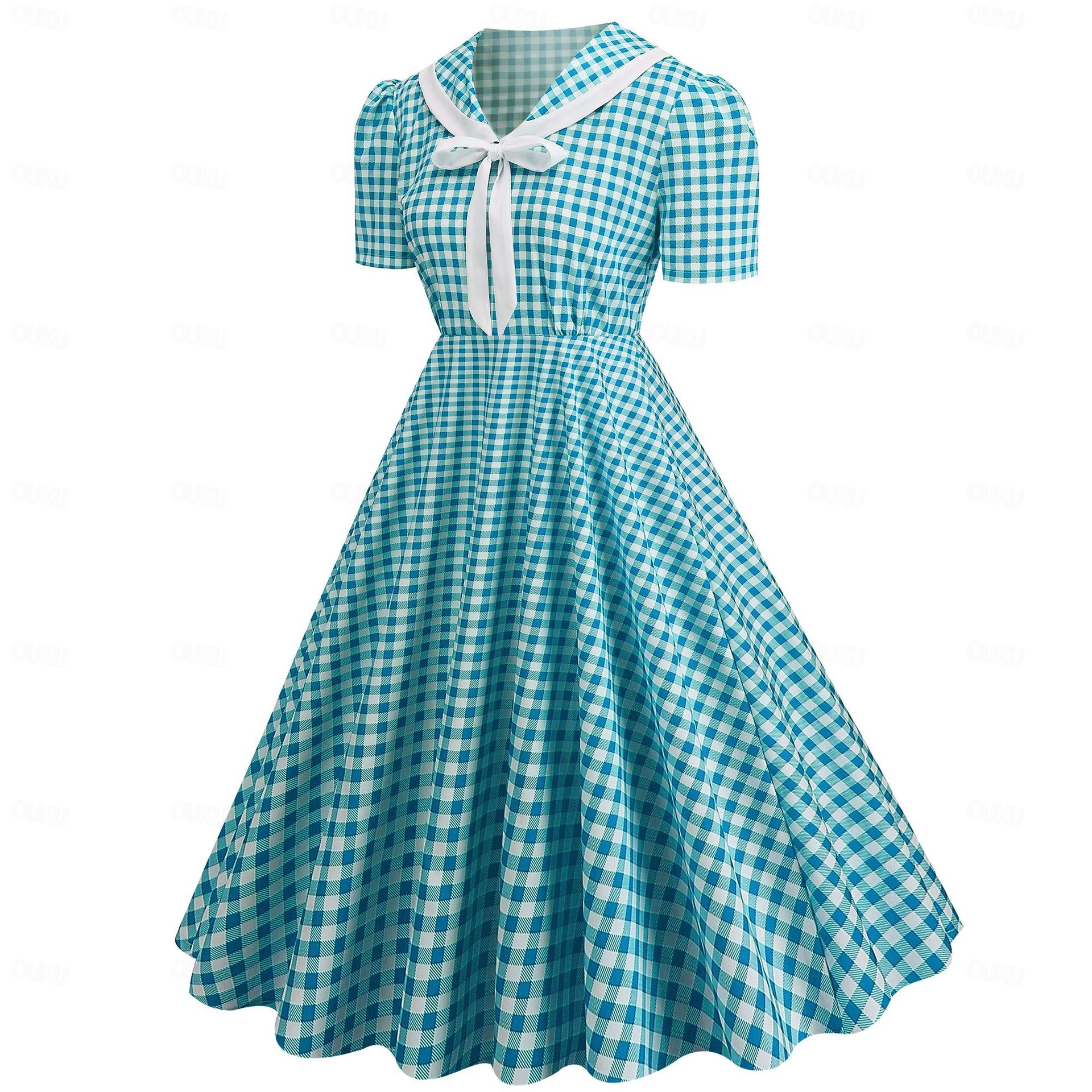 Retro Vintage 1950s Rockabilly Swing Dress Flare Dress Fit and Flare Plaid  Polka Dot V Neck