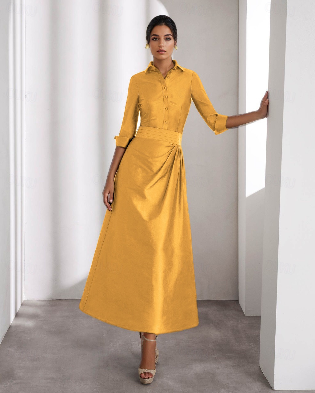 A-Line Ankle Length Shirt Dress Party Dress Cocktail Dress Mother of the  Bride Dress Long Sleeve Shirt Collar Elegant Wedding Formal Taffeta with  Pleats Slit 2026 - US $157.99