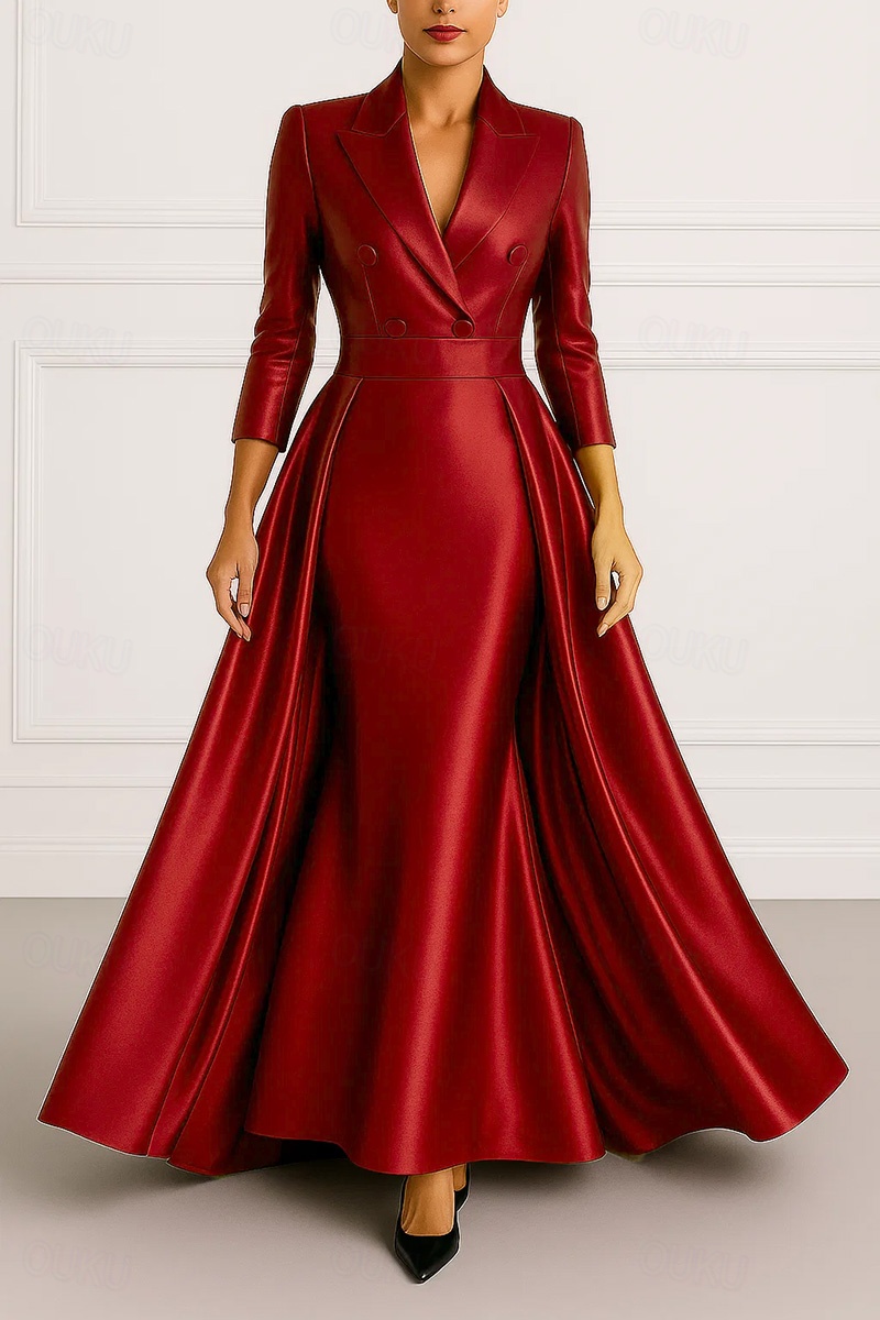 Tuxedo Dress A-Line Dress Stretch Satin Formal Blazer Dress Wedding Wedding  Guest Elegant 3/4 Sleeve Pleated Floor Length Peaked Lapel Double Breasted  2026 -  197.99