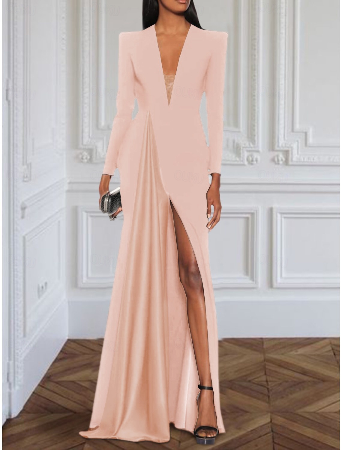 Women's Tuxedo Dress A-Line Formal Stretch Crepe Elegant Long Sleeve Ankle  Length Split Thigh V Neck 2026 -  119
