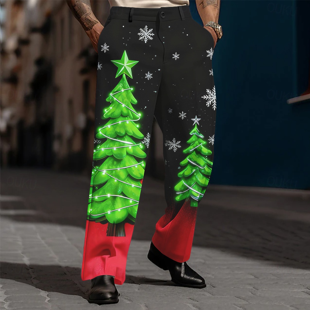 christmas green dress pants Men's Christmas Tree Snowflake Trousers Suit Pants Mid Waist Fashion Casual Outdoor Holiday 1 Carat Halo Diamond Ring