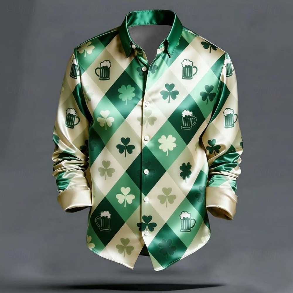 shamrock green dress shirt St. Patrick's Day Men's Gold Coin Beer Satin Shirt Shirt Long Sleeve Vintage Retro Party Holiday Summer Spring Turndown 3D Print Button Up Shirts Green Apricot 2026 All Heels