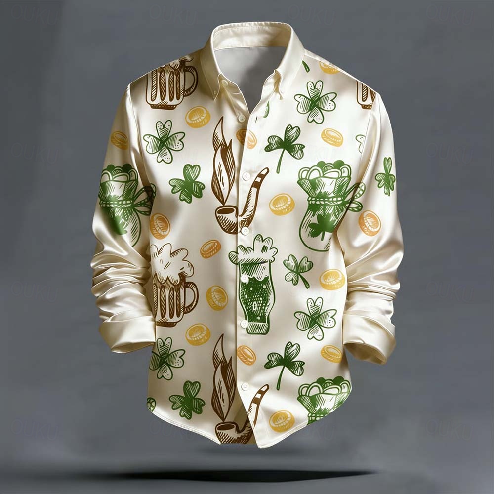 St. Patrick's Day Men's Shamrock Gold Coin Green Beer Shirt Satin Shirt Dress Shirt Long Sleeve Vintage Retro Party Holiday Summer Spring Turndown 3D Print Button Up Shirts Green Apricot 2026