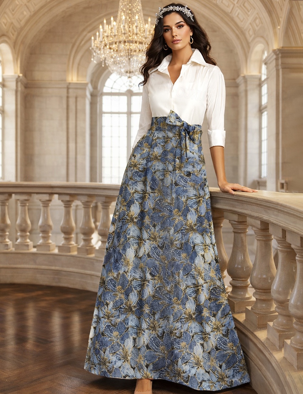 shirt dress formal gown Teri Jon Metallic Jacquard Shirtdress Evening Gown 207015 main image 1